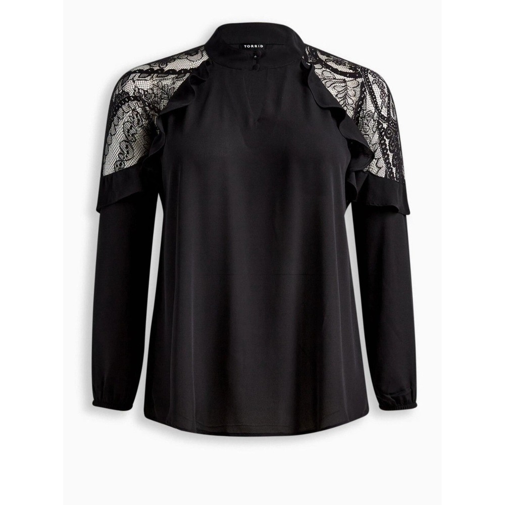 Torrid Blouse Shirt 4 4X Ruffle Black Georgette Chiffon Ruffle Crochet Lace Top